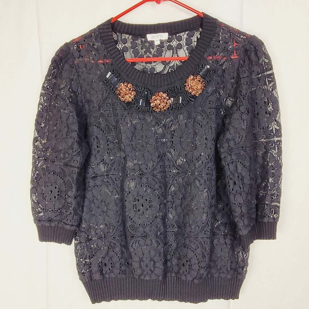 Vintage Weston black sheer lace beaded top Size large Retro Whimsygoth Romantic